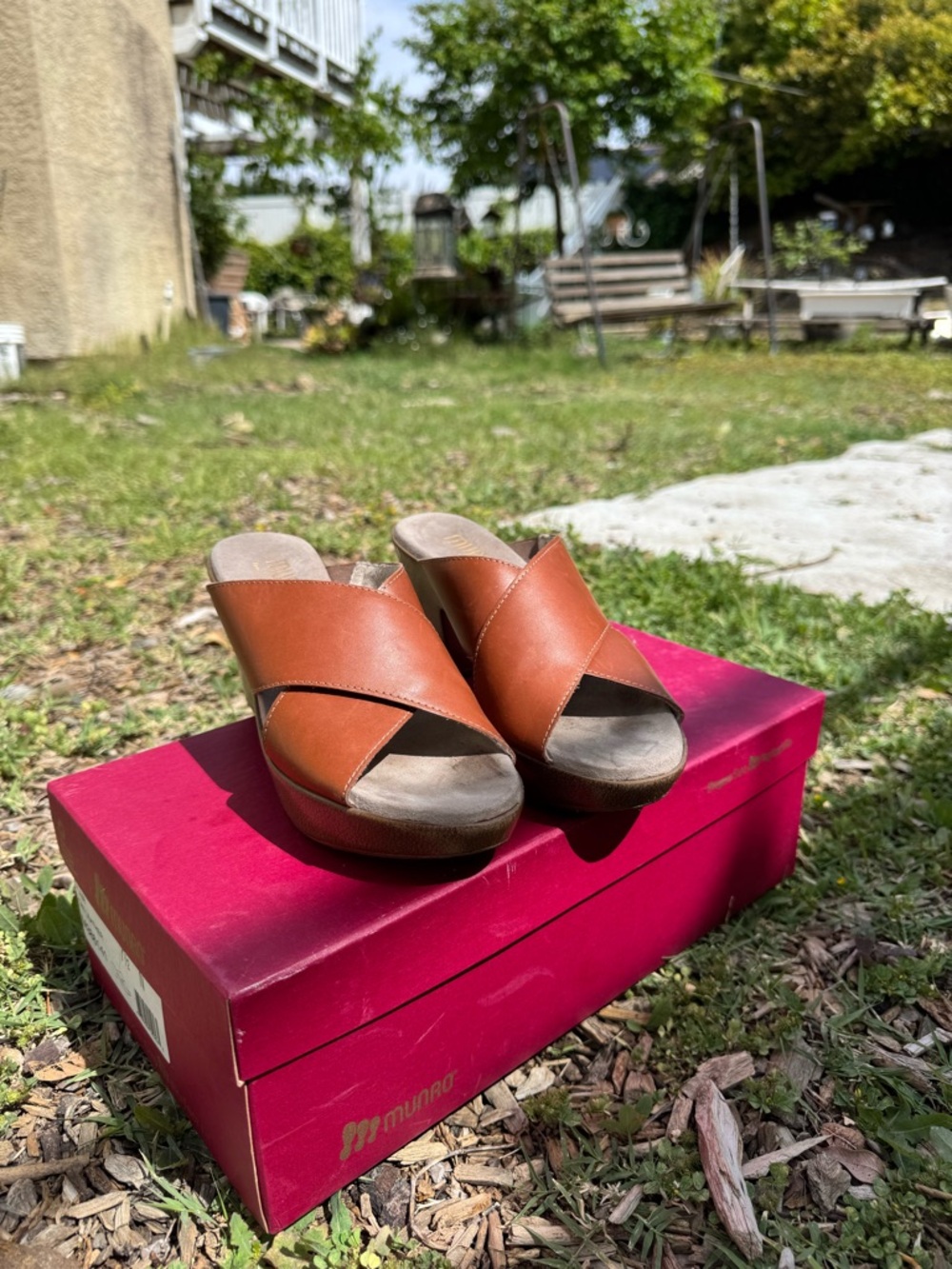 Munro Tan Leather Cross-Band Slide Sandals